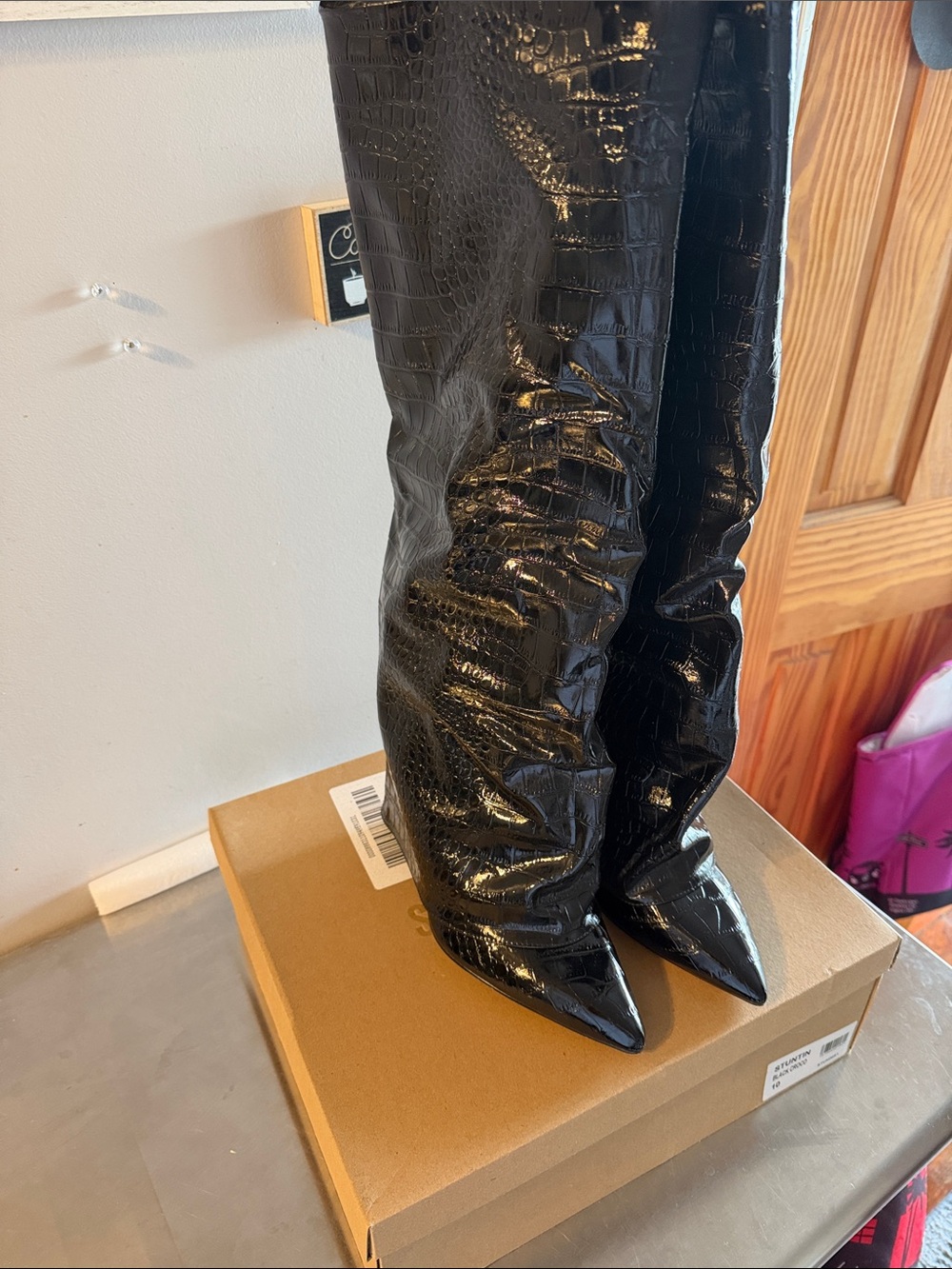 Steve Madden Black Croc-Embossed Knee-High Heeled Boots